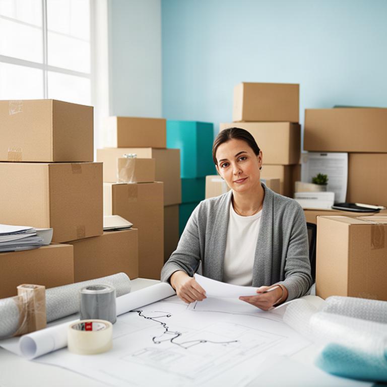 Moving coordinator reviewing a cross-country relocation plan beside packed household boxes