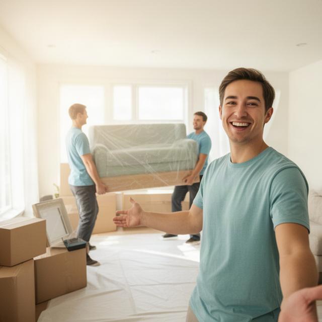 Happy customer greeting movers after furniture delivery in a bright new home