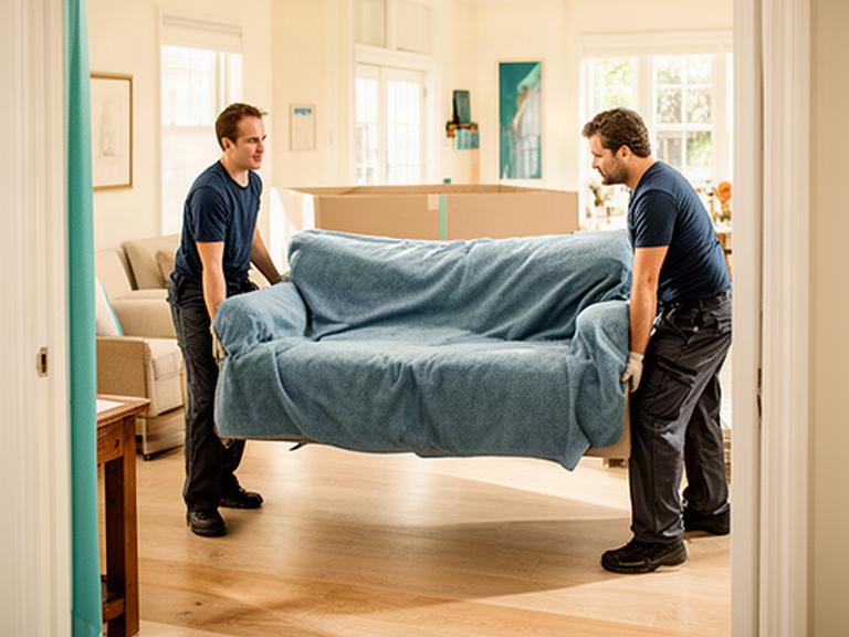 Movers carefully carrying a wrapped sofa through a family home in Ottawa