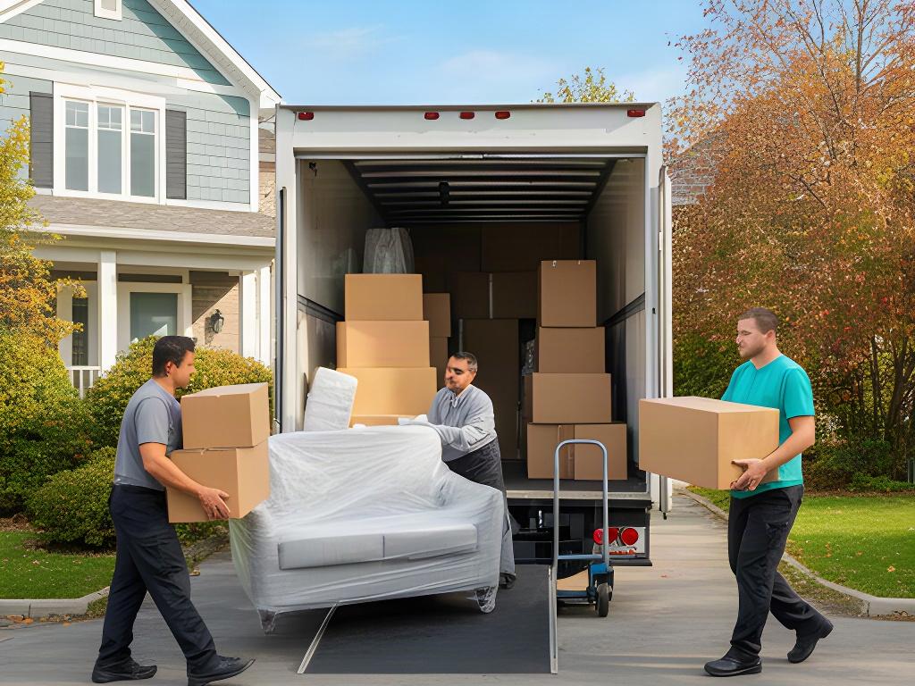 Moving crew loading labelled boxes and protected furniture into a truck at an Ottawa residence