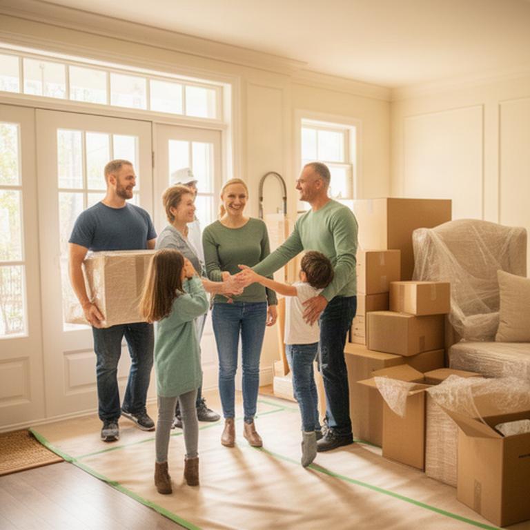 Family welcoming movers into a bright new home after a long-distance relocation