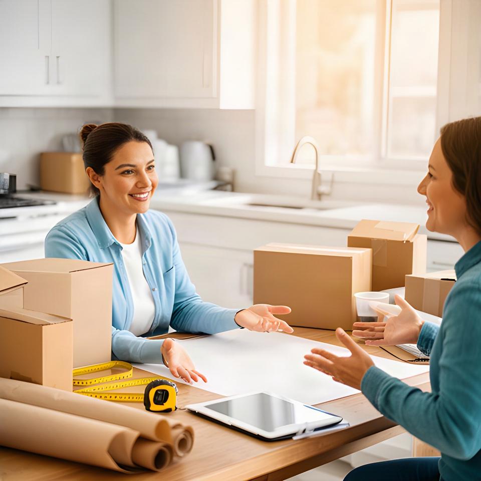 Moving consultant reviewing a home packing plan with a customer at a kitchen table in Ottawa