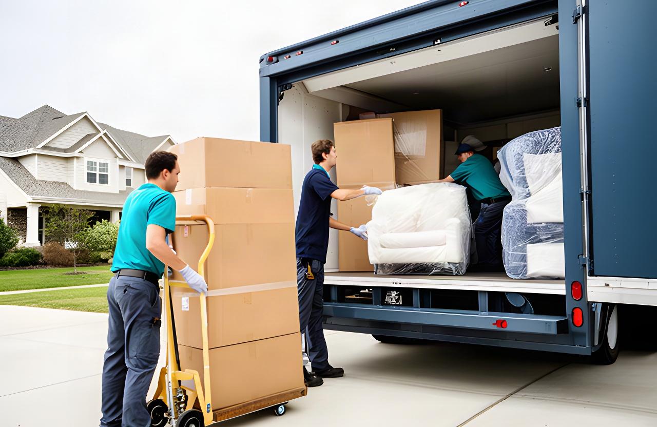 Professional movers loading boxed household belongings and protected furniture into a moving truck