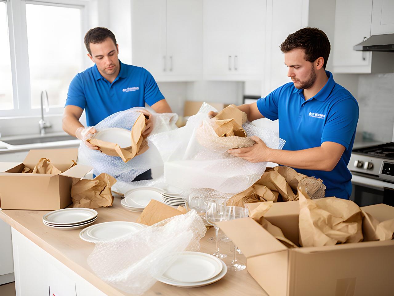 Moving team carefully wrapping dishes with paper and bubble wrap in a bright Ottawa kitchen
