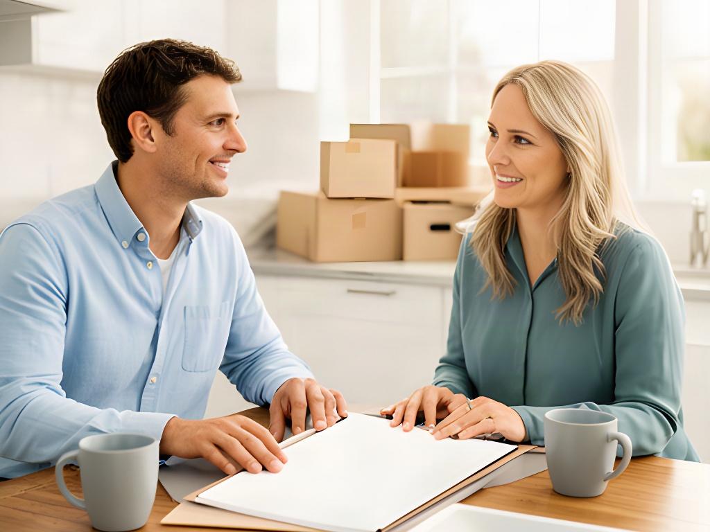 Moving coordinator reviewing a home relocation plan with a client at a bright kitchen table