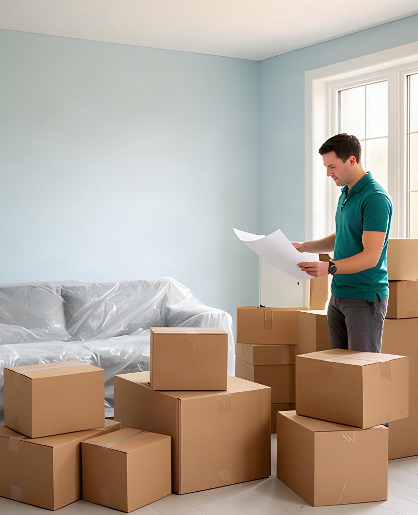 Mover checking a room plan beside carefully arranged boxes in a new Ottawa residence