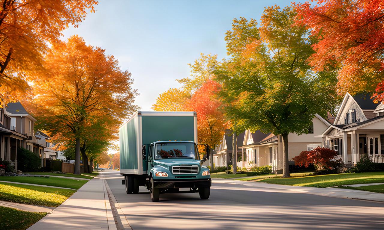 Moving truck travelling past Ottawa neighbourhood homes with autumn trees and a clear city street