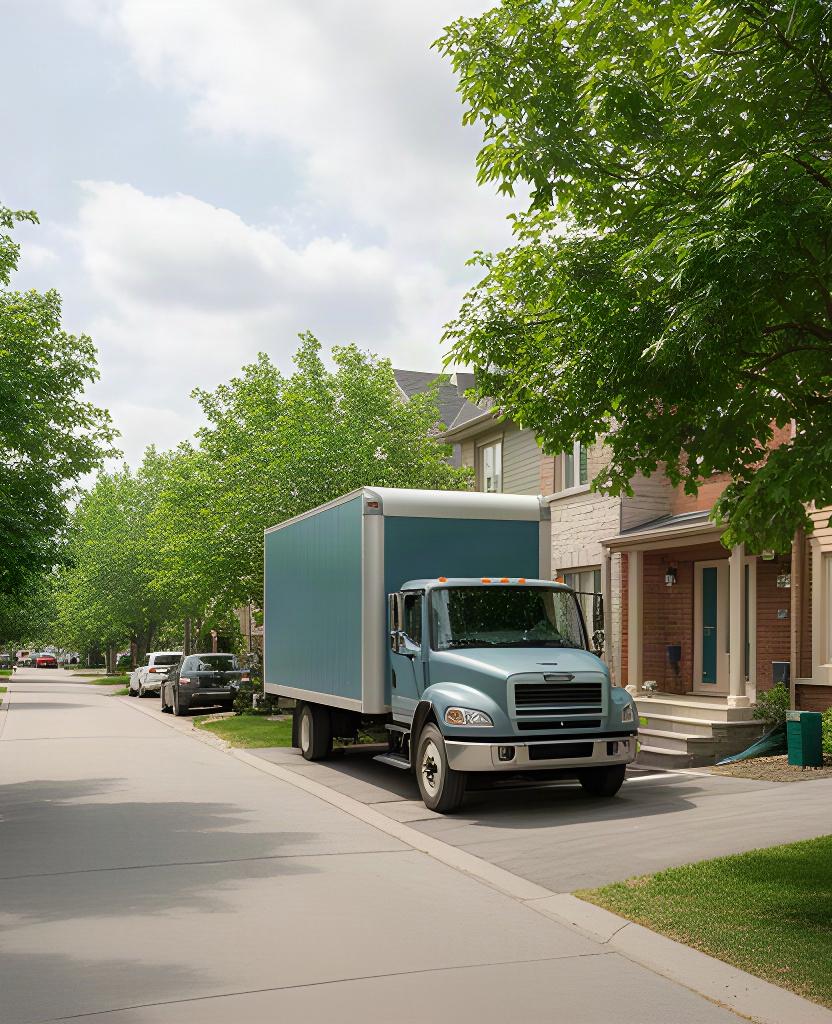 Moving truck parked on a tree-lined Ottawa residential street beside a townhouse entrance