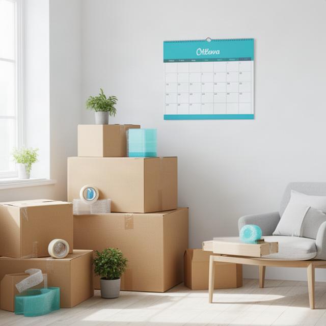 Wall calendar beside labelled moving boxes in a bright Ottawa apartment