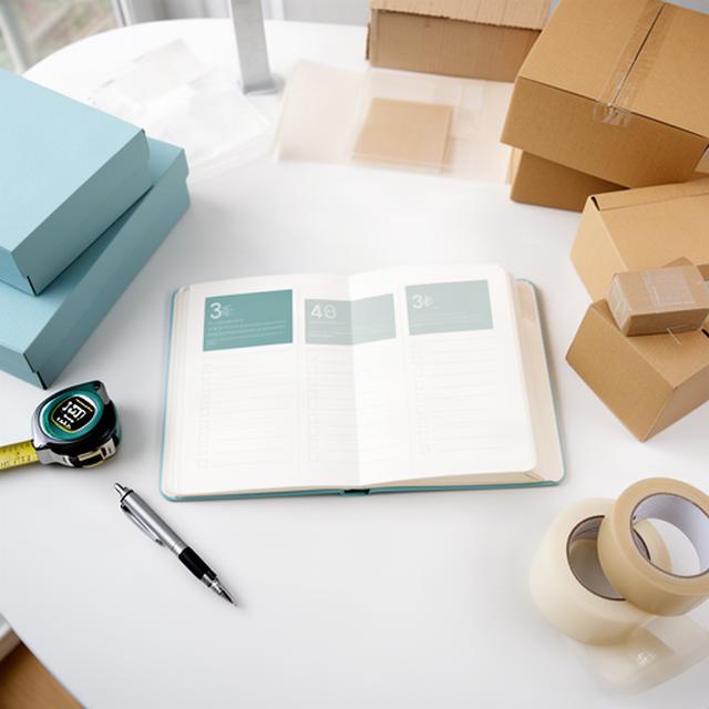 Open notebook showing a three-step moving plan on a kitchen table
