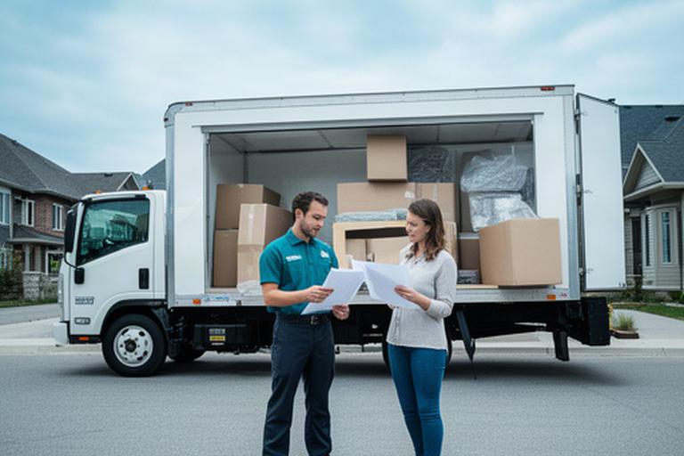 Moving crew reviewing service paperwork beside a loaded moving truck in Ottawa