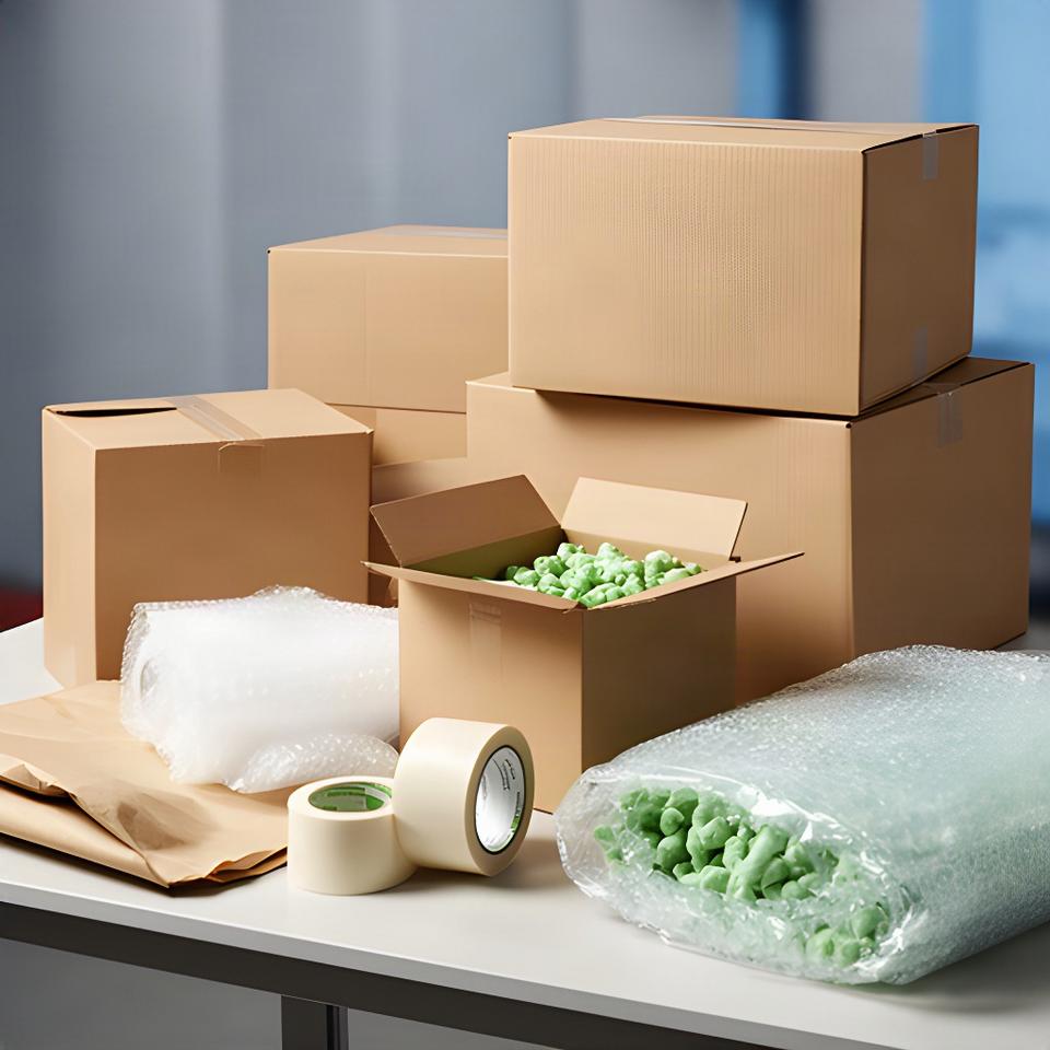 Premium double-wall moving boxes, protective padding, tape, and biodegradable packing materials on a work table