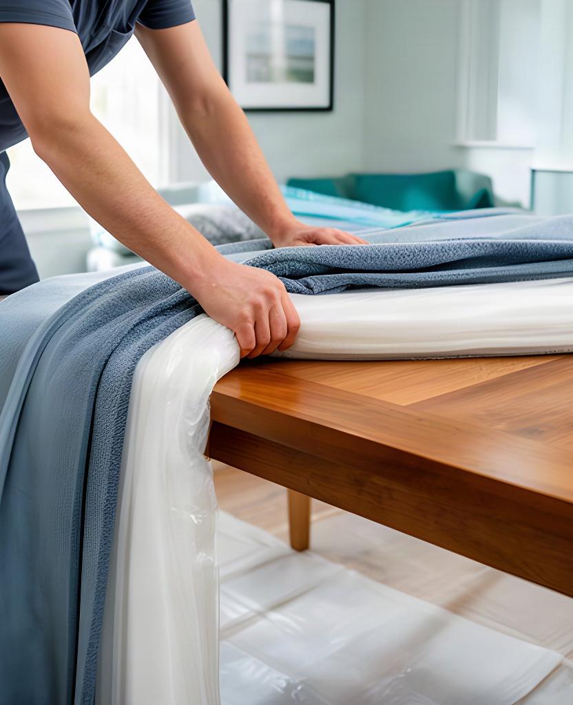 Mover wrapping a wooden dining table with protective padding inside a family home