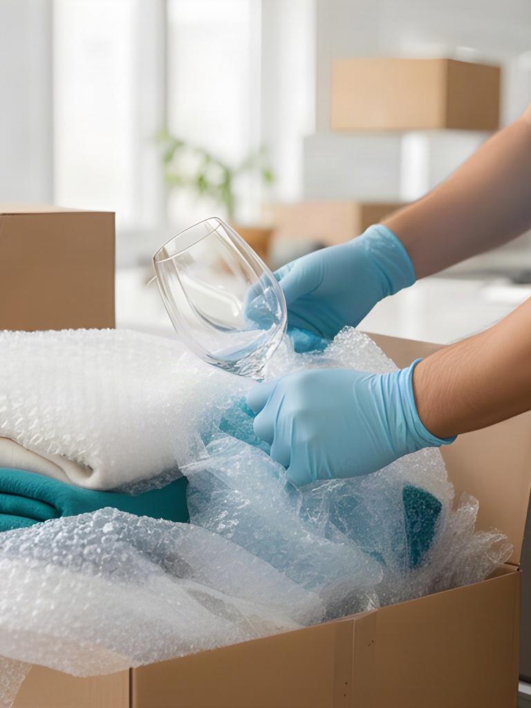 Mover carefully securing glassware and household boxes inside a clean Ottawa home