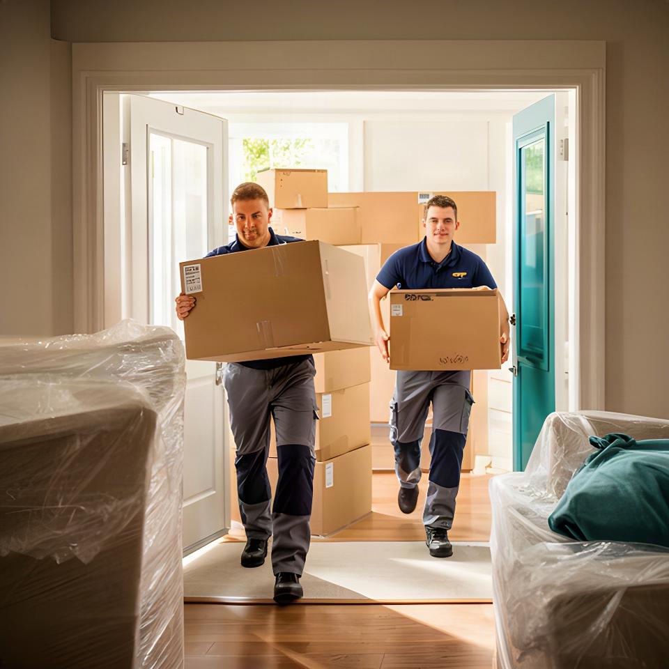 Two professional movers carrying securely wrapped household boxes through a residential doorway