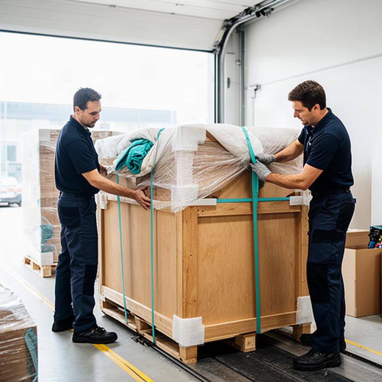 Professional movers carefully securing a wooden furniture crate inside a bright loading area