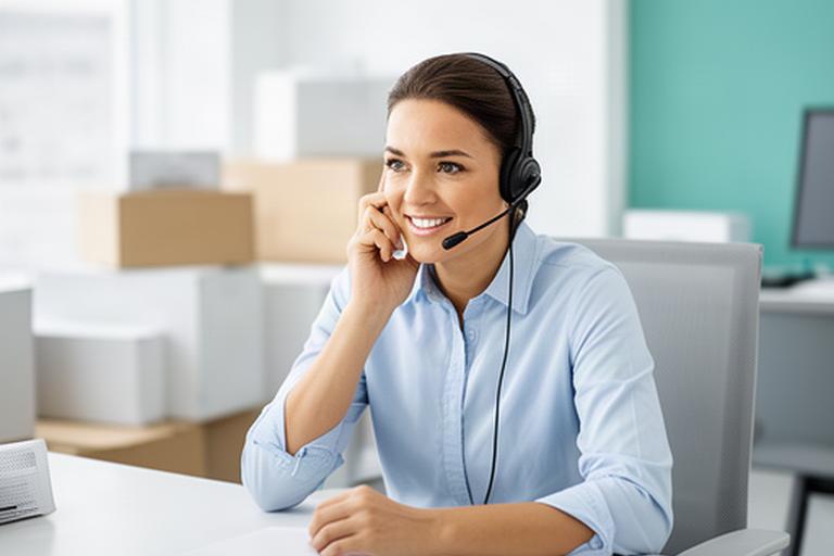 Customer support specialist answering a privacy inquiry at a bright moving services office