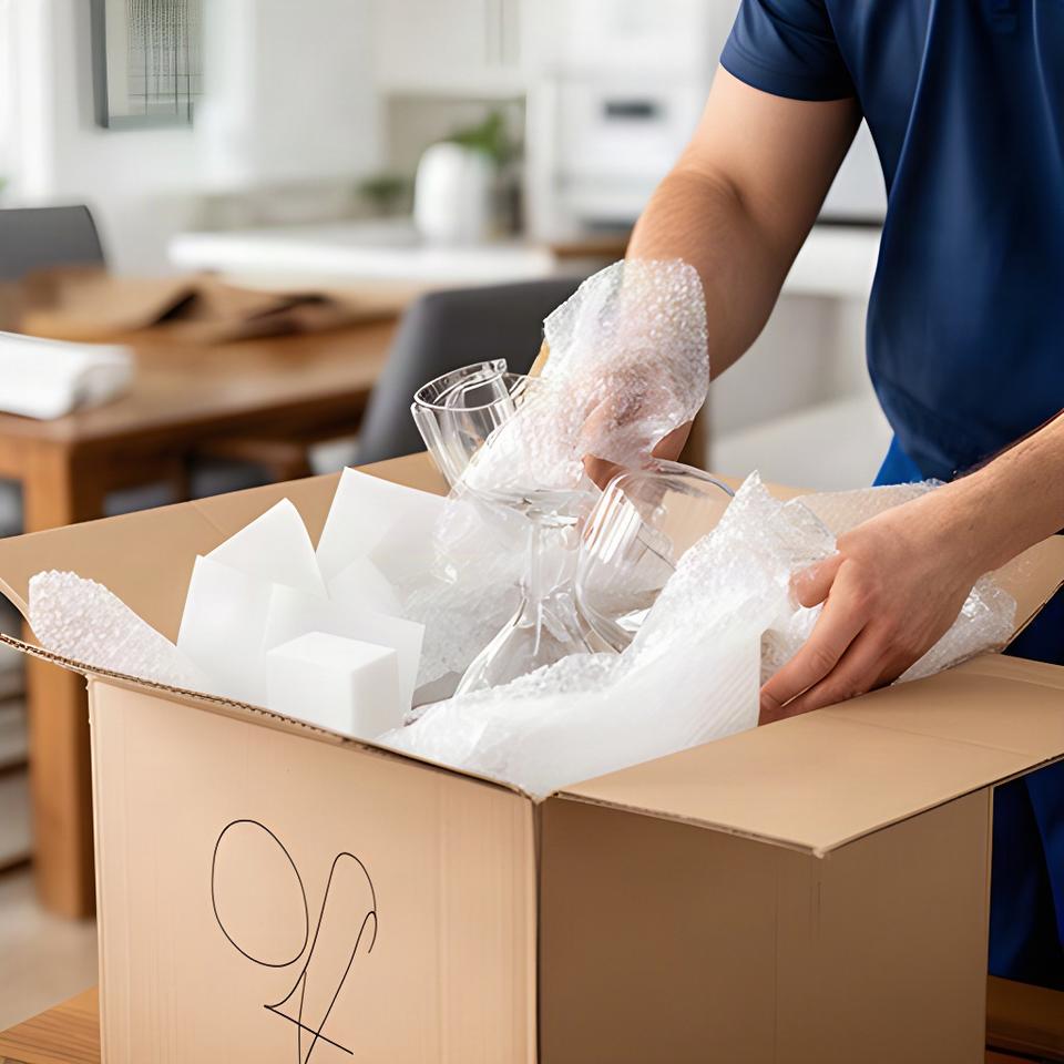 Mover placing protected glassware into a labelled double-wall box at a residential home