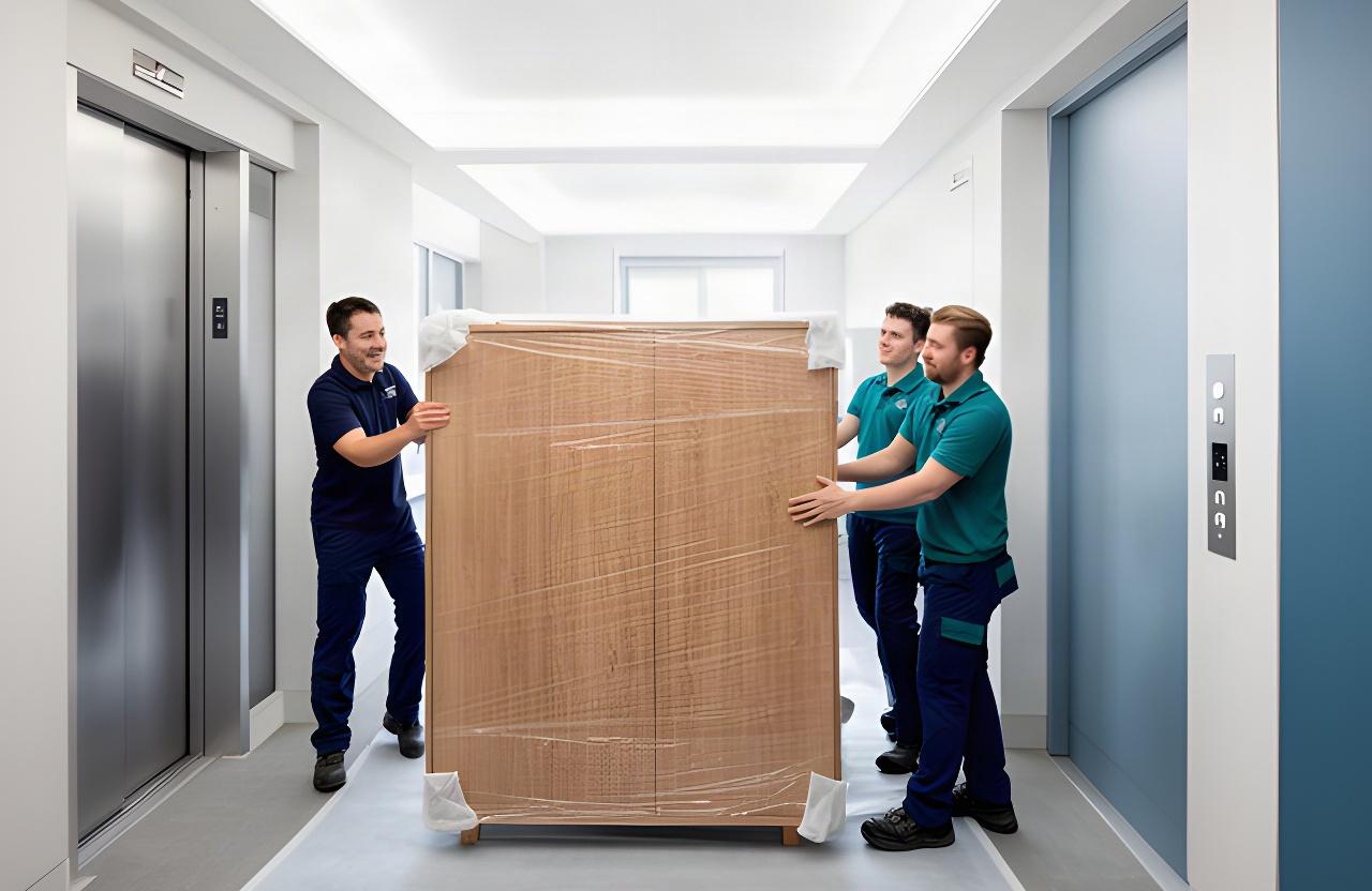 Movers guiding a protected cabinet through a modern condo hallway near an elevator