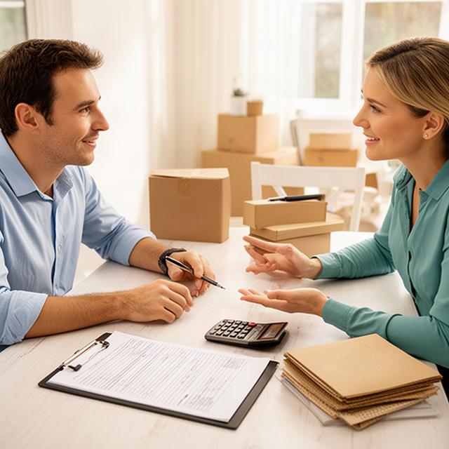 Moving consultant discussing a quote form with a customer at a dining table