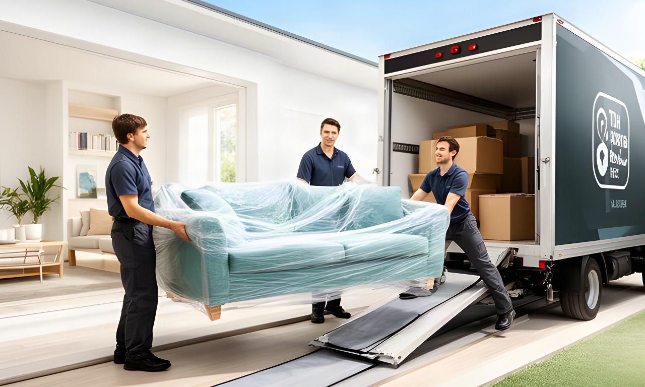 Ottawa movers carrying a wrapped sofa from a bright family home into a modern moving truck