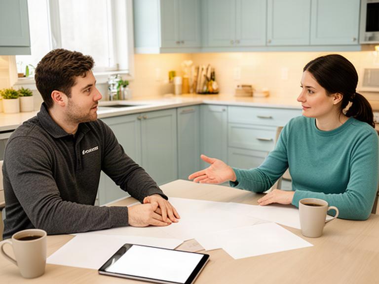 Moving specialist discussing a household move with a customer at a kitchen table in Ottawa