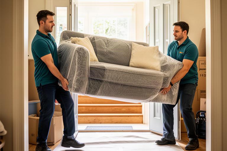 Professional movers carrying a wrapped sofa through a residential doorway