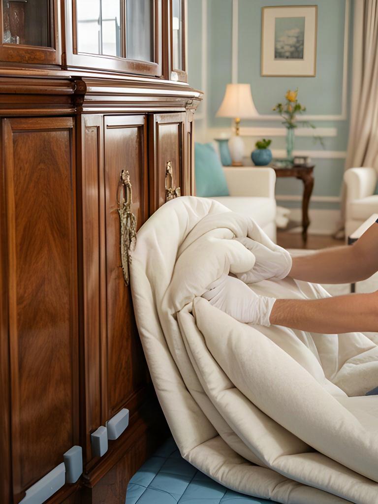 Mover placing protective blankets around antique furniture in an Ottawa living room
