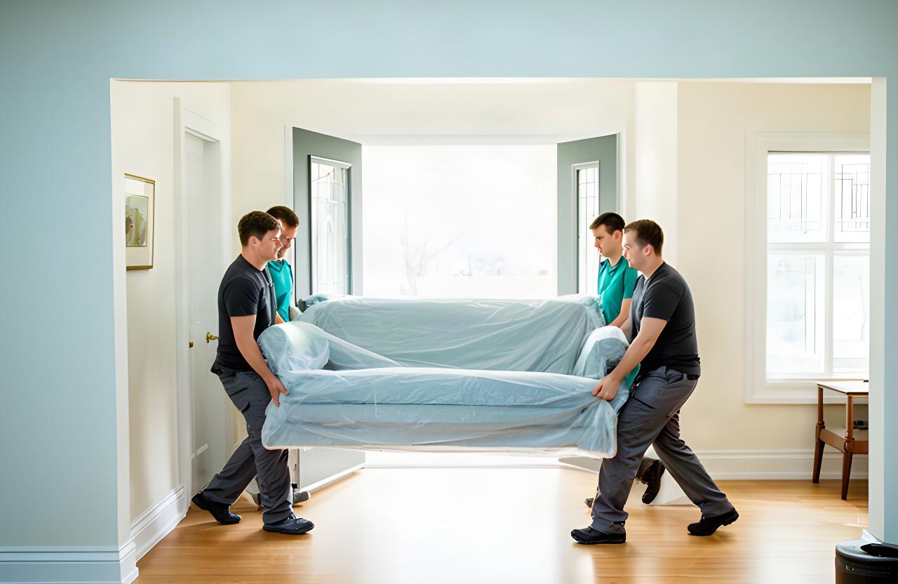 Moving crew carrying a padded sofa through the bright entrance of an Ottawa home