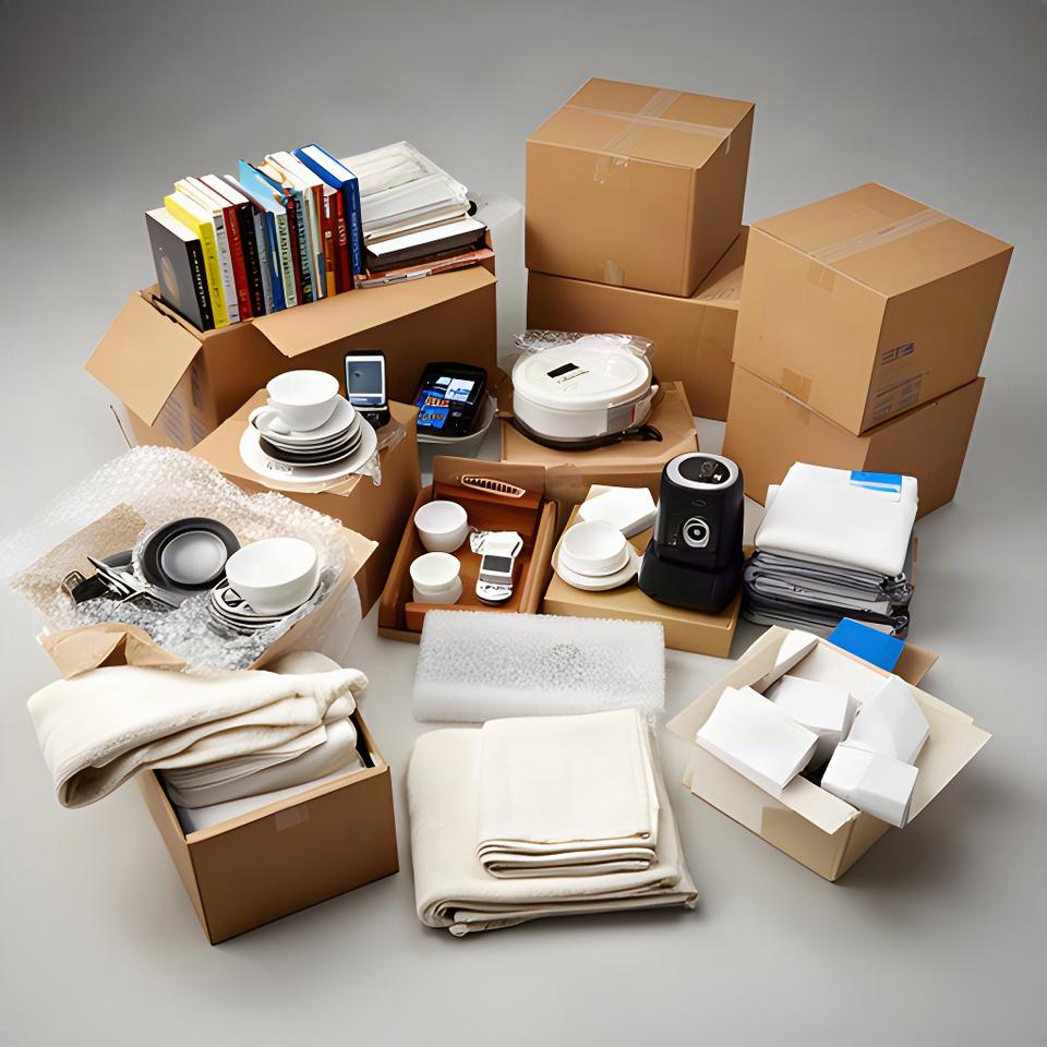 Packed household belongings including books, kitchenware, electronics, and linens ready for a local move