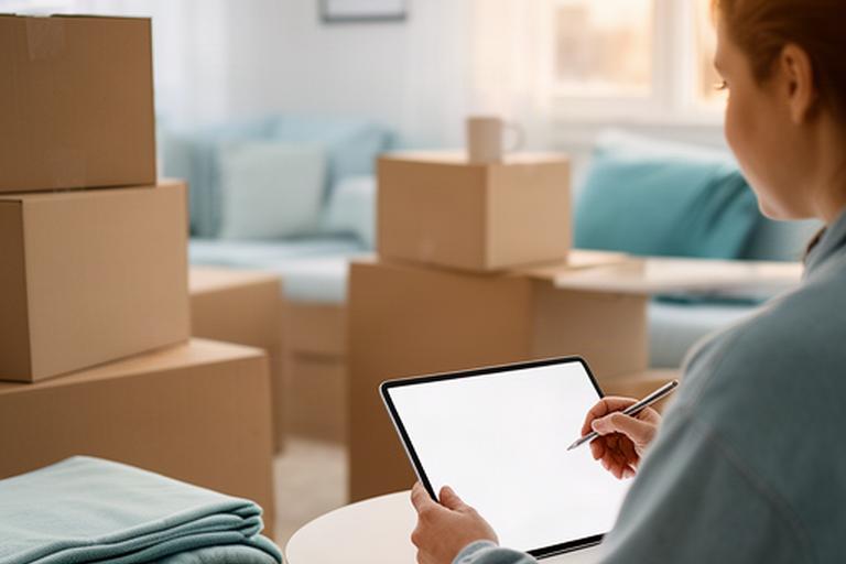 Customer writing a message beside moving boxes in a newly prepared Ottawa apartment