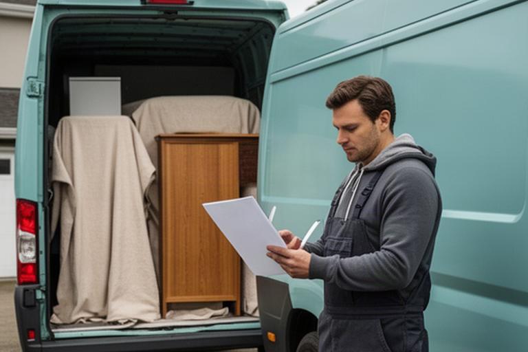 Moving crew member checking a furniture inventory beside a secured moving van