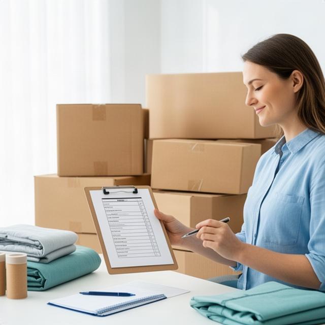Moving coordinator reviewing a home inventory checklist beside packed boxes