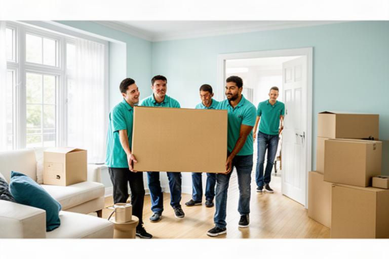 Moving team carrying a labelled household box through a bright Ottawa home