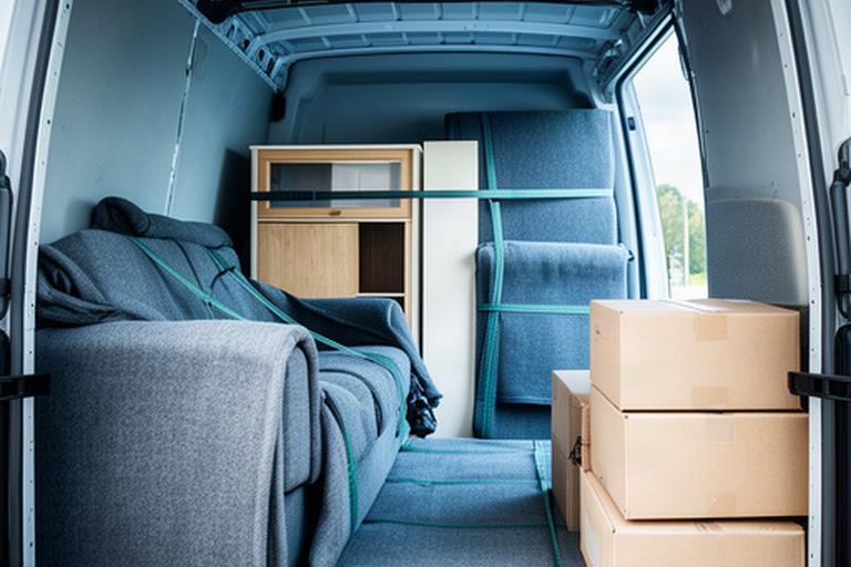 Wrapped furniture protected with moving blankets inside a clean transport van