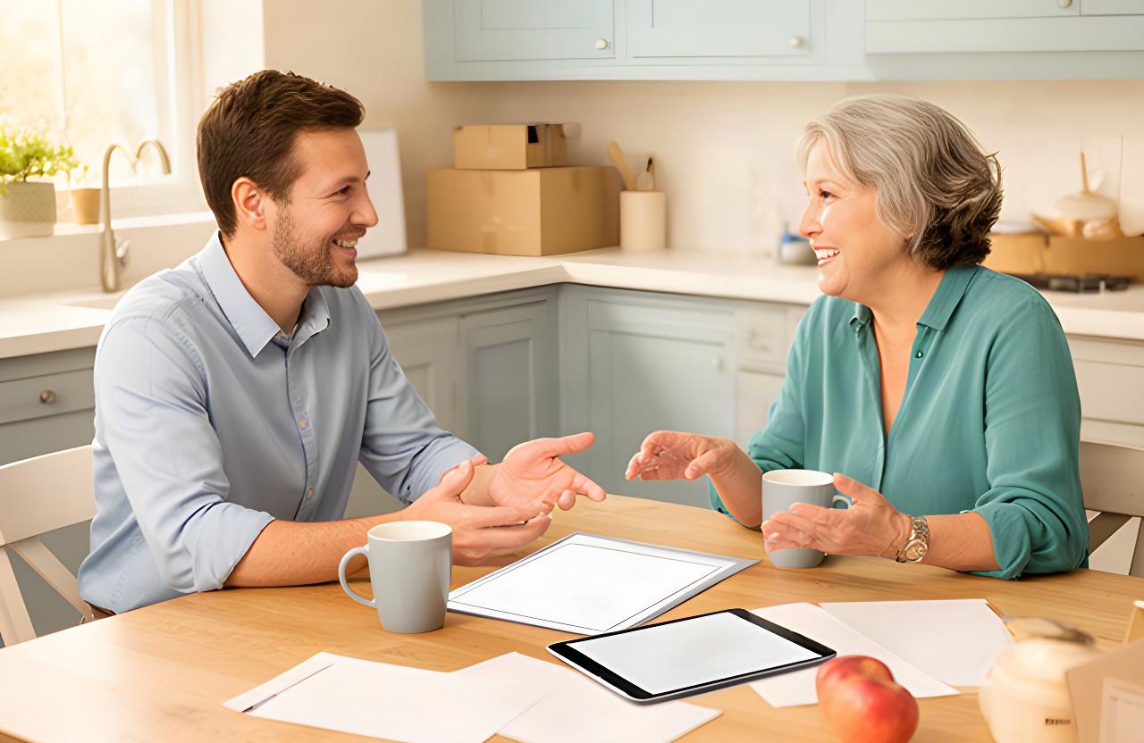Moving consultant discussing a home move plan with a resident at a kitchen table