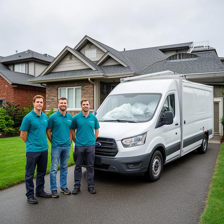 Moving team standing beside a loaded transport van outside a Canadian home