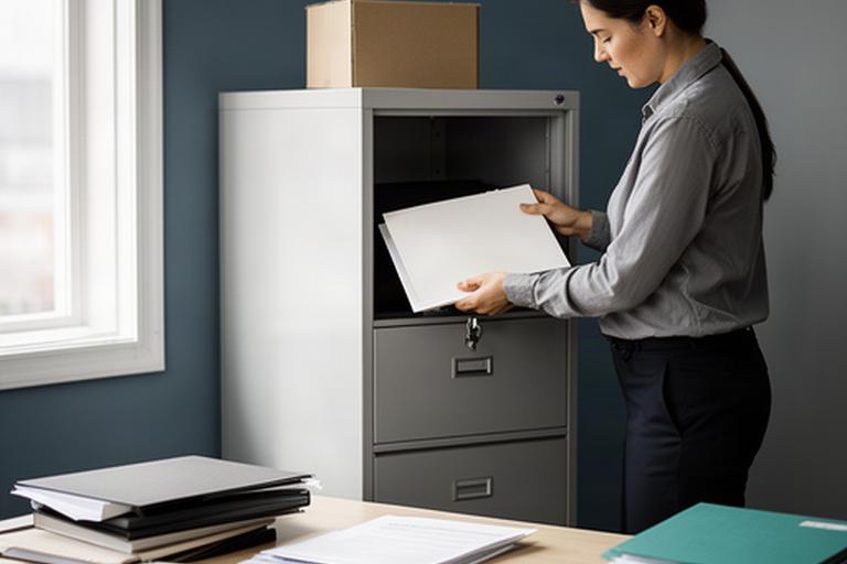 Office manager securing customer records beside a locked filing cabinet and moving paperwork