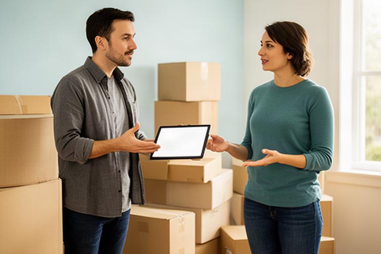 Moving coordinator speaking with a customer beside neatly stacked boxes after delivery