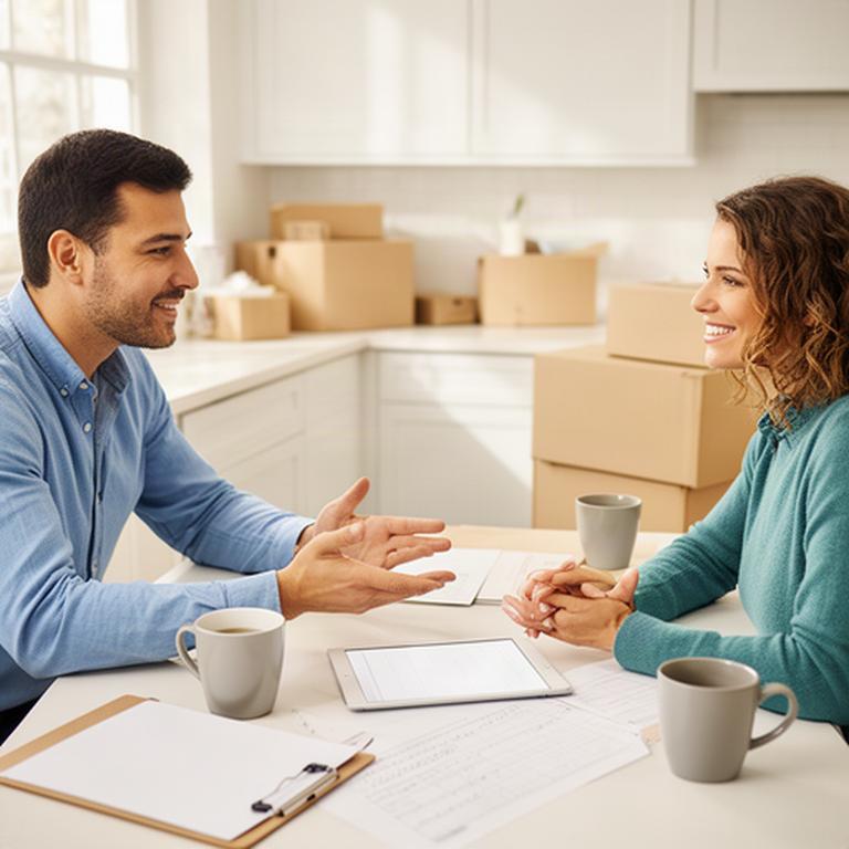 Moving specialist discussing a relocation schedule with a customer at a kitchen table