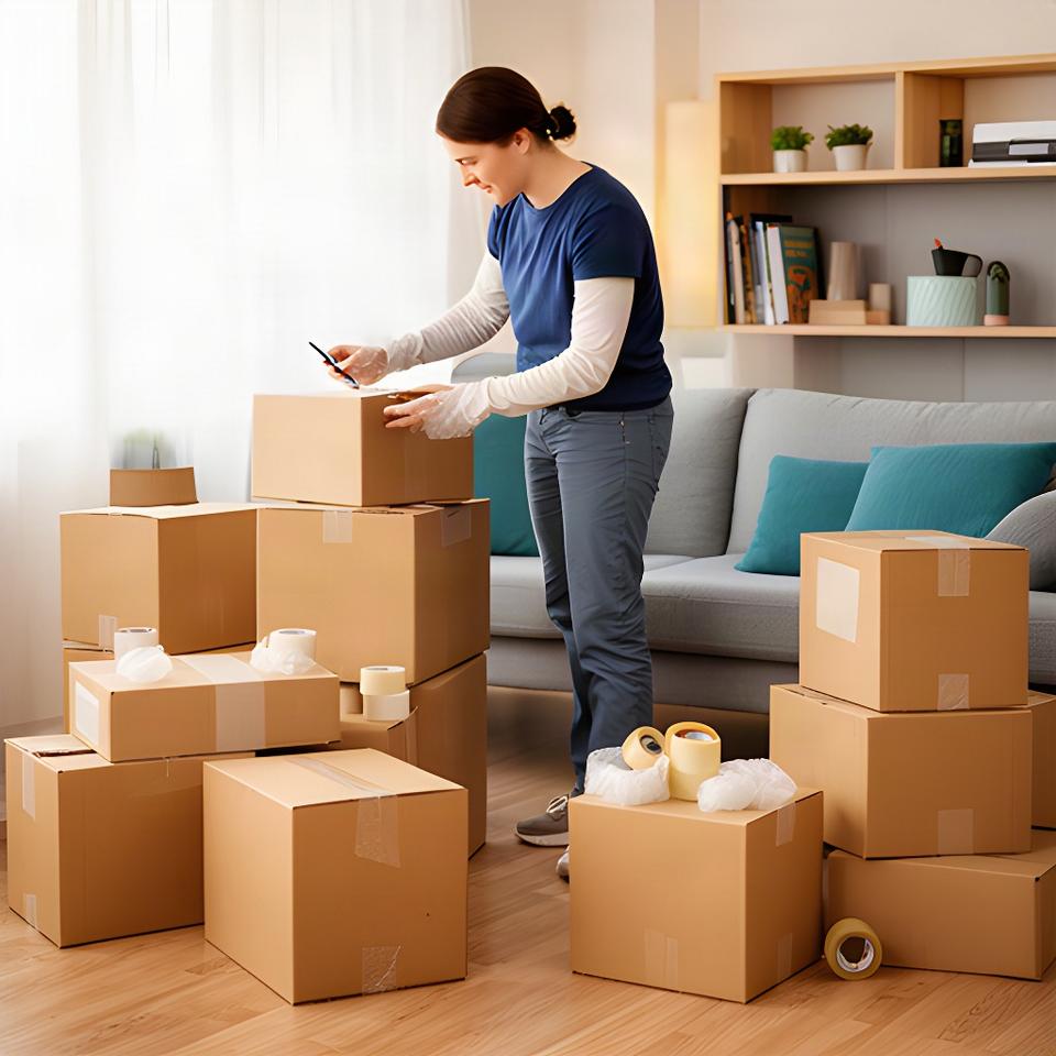 Packing specialist writing room labels on sealed moving boxes beside a neatly organised living room