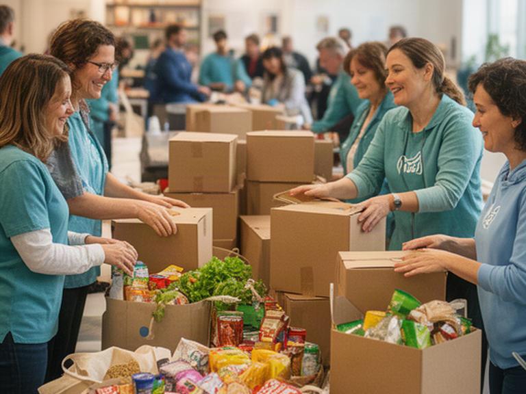 Moving company volunteers sorting donated food boxes at an Ottawa community event