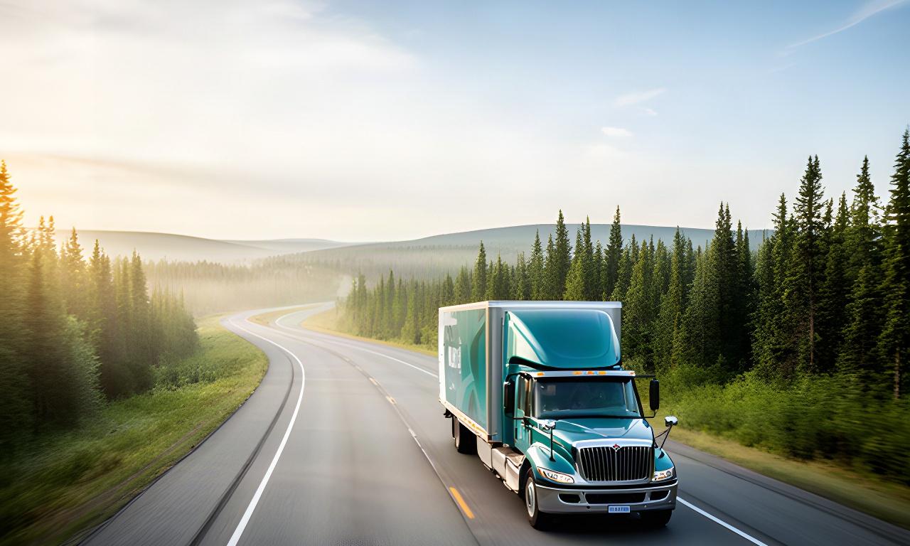 Moving truck travelling along a wide Canadian highway with evergreen trees and open sky